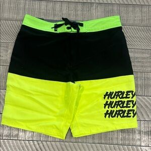 Hurley Neon Yellow and Black Colorblock Kids Swim Trunks